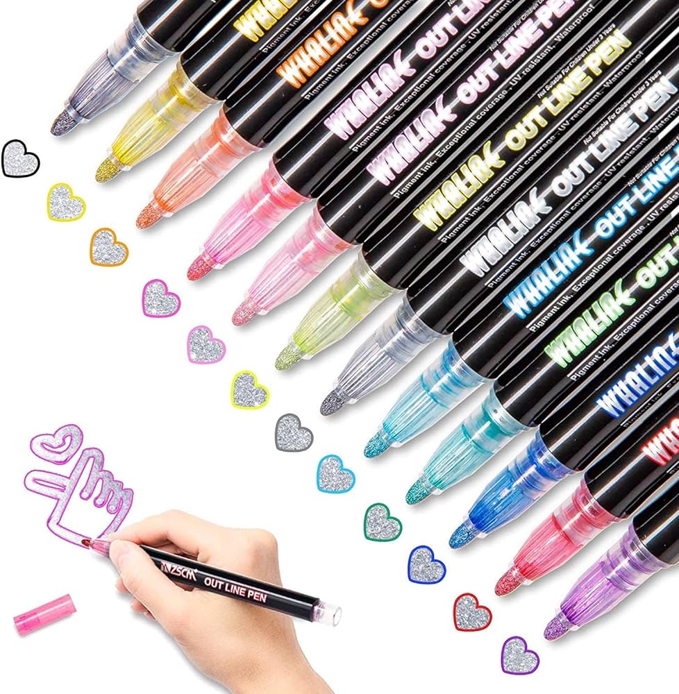 48 - 8 Colors Double Line Outline Markers, Glitter Markers, Self Outline Metallic Markers for Art Supplies, Metallic Glitter Pen Set