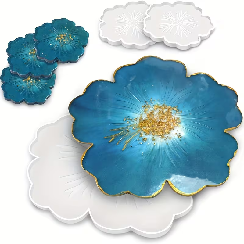 Large Resin Tray Mold And Coaster Molds for Resin Art Casting, Flower Shape Epoxy Resin Casting Molds for DIY, Home Decoration