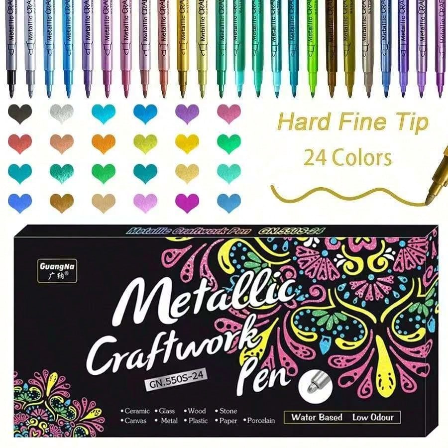 24 Pcs Metallic Brush Markers – Paint Pens for Black Paper, Glass & Rock