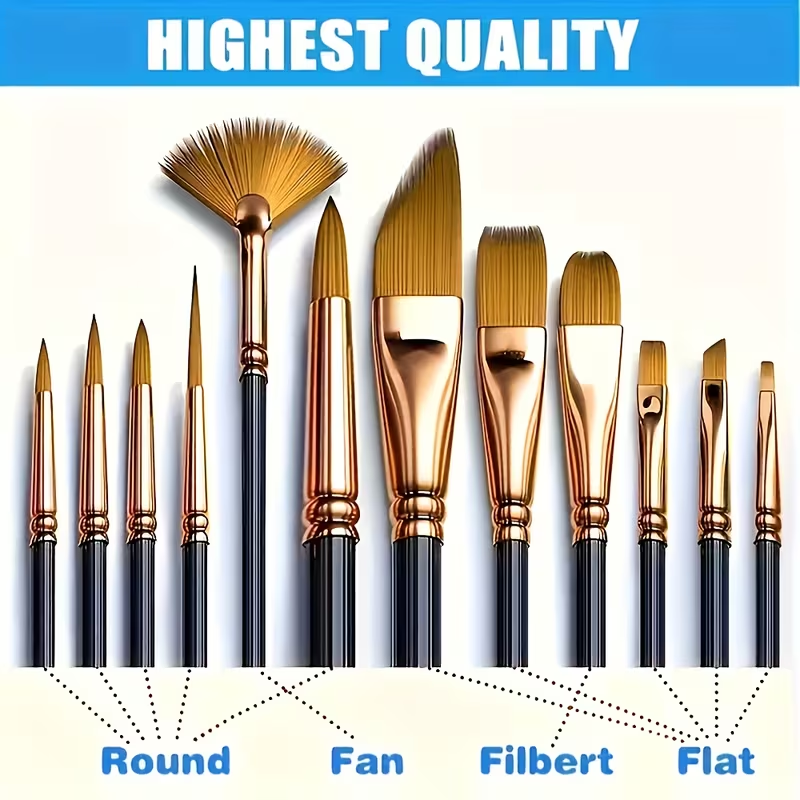 Pack of 12 Multi Shapes High Quality Nylon Professional Art Paint Brush Set Water Color Oil Acrylic Artist Paint Brush Set
