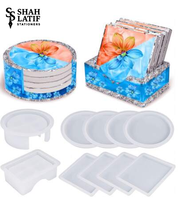 9 piece round and square coaster set silicone mold with cylindrical and box holder