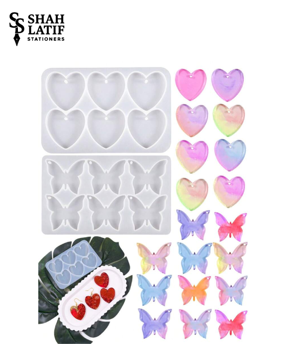 Heart and butterfly pendant silicone mold set 2 sheets 12 cavities total