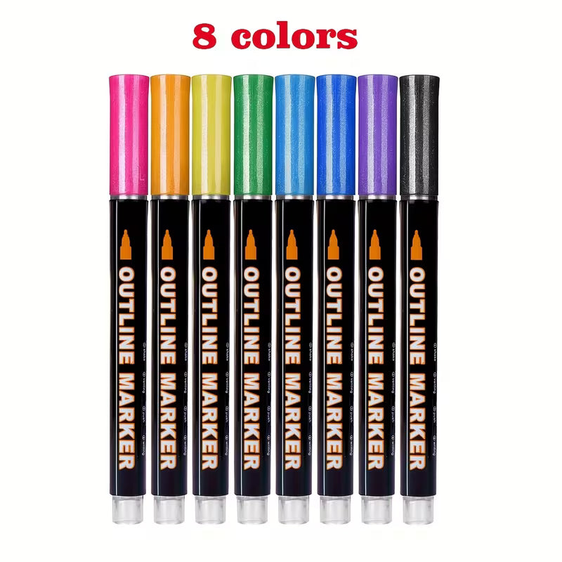 48 - 8 Colors Double Line Outline Markers, Glitter Markers, Self Outline Metallic Markers for Art Supplies, Metallic Glitter Pen Set