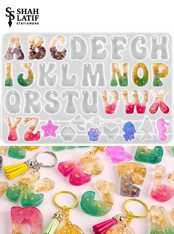 Bubble letter A-Z keychain silicone mold full alphabet with ocean charm shapes