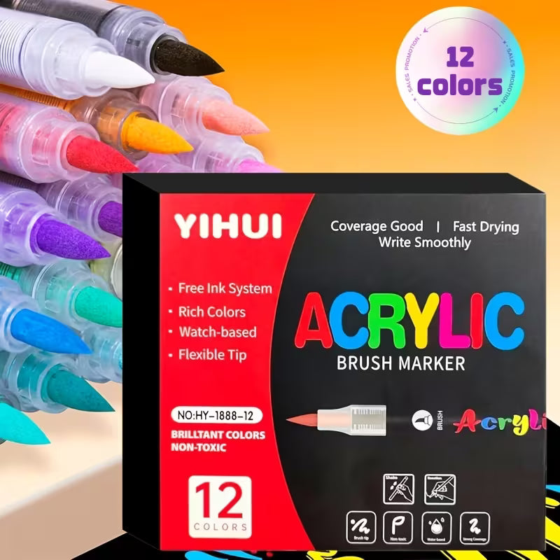 Acrylic Paint Brush Markers – Flexible Brush Nib, Quick Dry, Non-Toxic | Premium Water Based Paint Pens for Paper, Wood, Canvas, Glass, Ceramic, Stone & Plastic