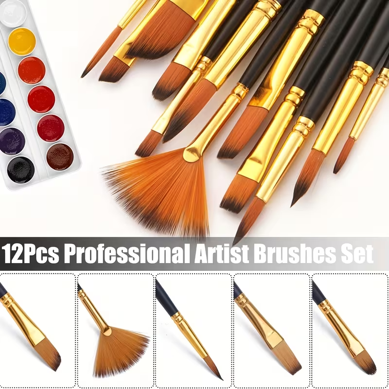 Pack of 12 Multi Shapes High Quality Nylon Professional Art Paint Brush Set Water Color Oil Acrylic Artist Paint Brush Set