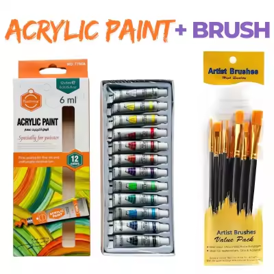 Acrylic Colour Paint Set (12 Colors) + Artist Brush Set — Perfect for Painting on Canvas, Paper & Sketchbooks Acrylic color