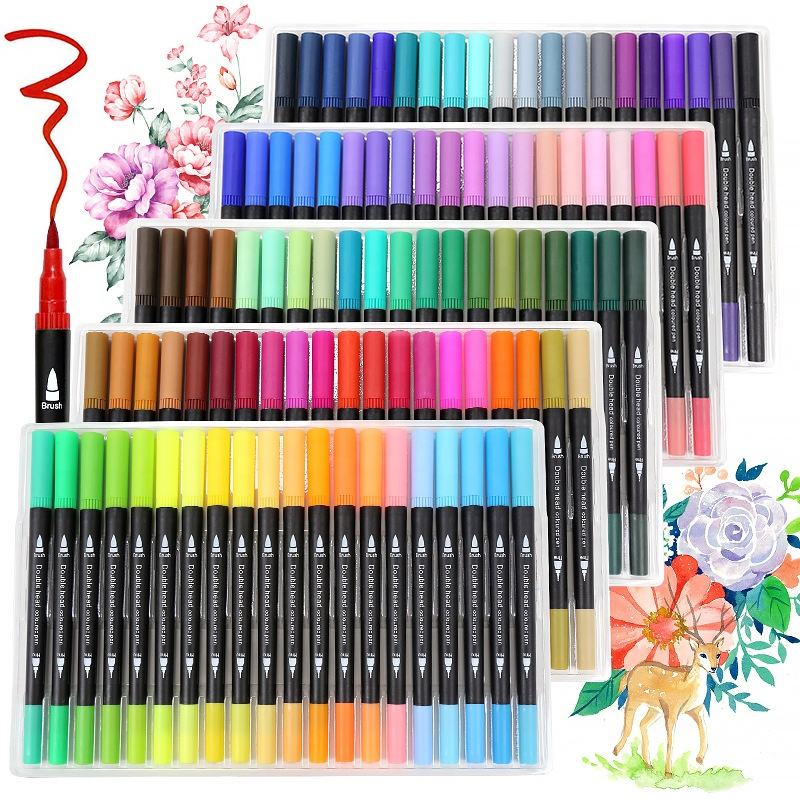 Dual Tip Brush Marker Pen, Colored Pen Fine Point Art Marker & Brush Highlighter Pen for Adult Coloring Hand Lettering Writing Planner Art Supplier