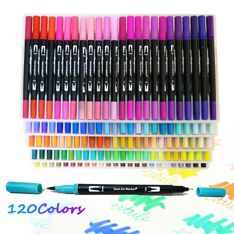 Dual Tip Brush Marker Pen, Colored Pen Fine Point Art Marker & Brush Highlighter Pen for Adult Coloring Hand Lettering Writing Planner Art Supplier