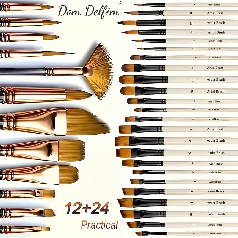 Pack of 12 Multi Shapes High Quality Nylon Professional Art Paint Brush Set Water Color Oil Acrylic Artist Paint Brush Set