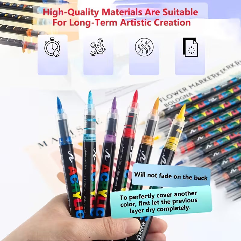 Acrylic Paint Brush Markers – Flexible Brush Nib, Quick Dry, Non-Toxic | Premium Water Based Paint Pens for Paper, Wood, Canvas, Glass, Ceramic, Stone & Plastic