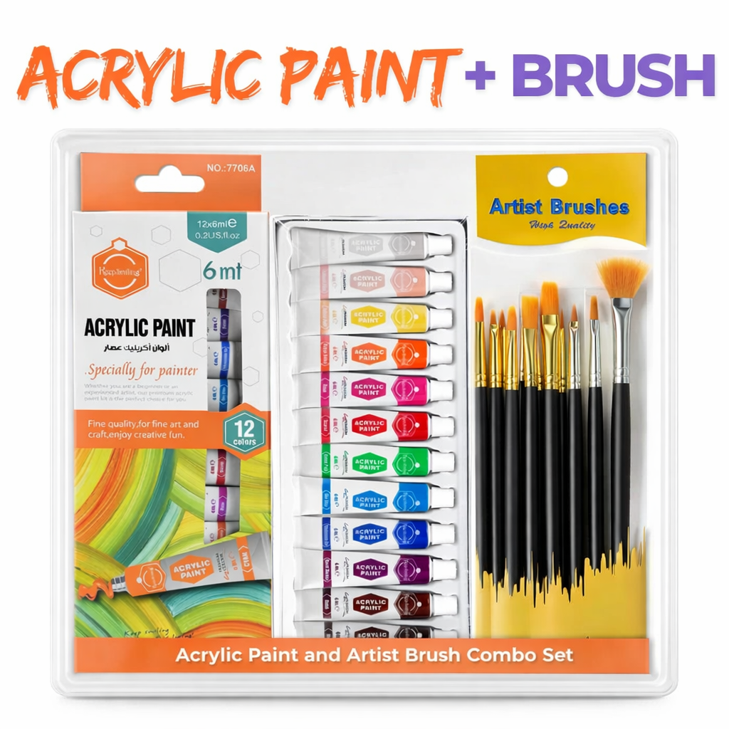 Acrylic Colour Paint Set (12 Colors) + Artist Brush Set — Perfect for Painting on Canvas, Paper & Sketchbooks Acrylic color
