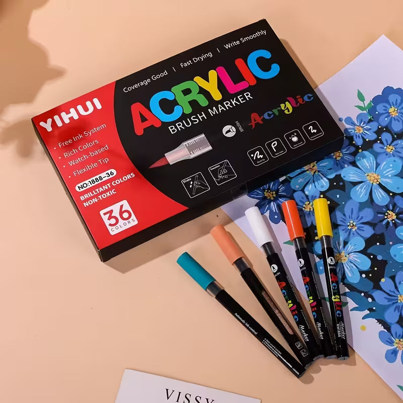 Acrylic Paint Brush Markers – Flexible Brush Nib, Quick Dry, Non-Toxic | Premium Water Based Paint Pens for Paper, Wood, Canvas, Glass, Ceramic, Stone & Plastic