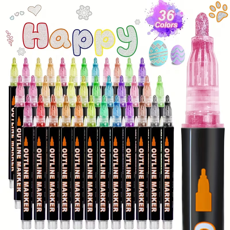 48 - 8 Colors Double Line Outline Markers, Glitter Markers, Self Outline Metallic Markers for Art Supplies, Metallic Glitter Pen Set
